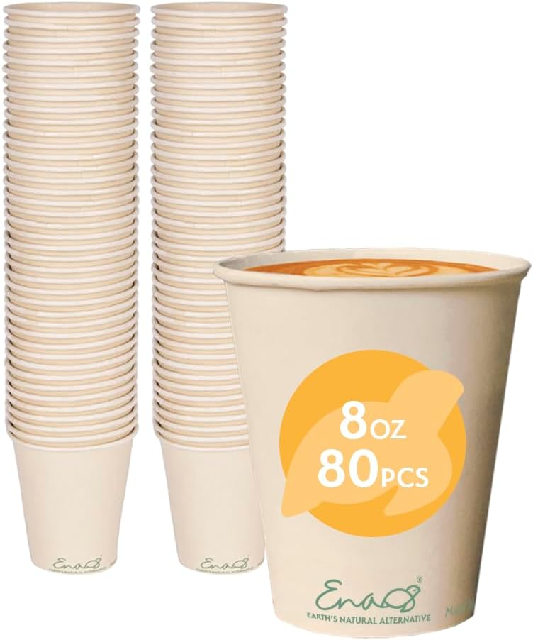 100% Compostable Disposable Coffee Cups [8oz 80 Pack] Paper Cups Made from Bamboo