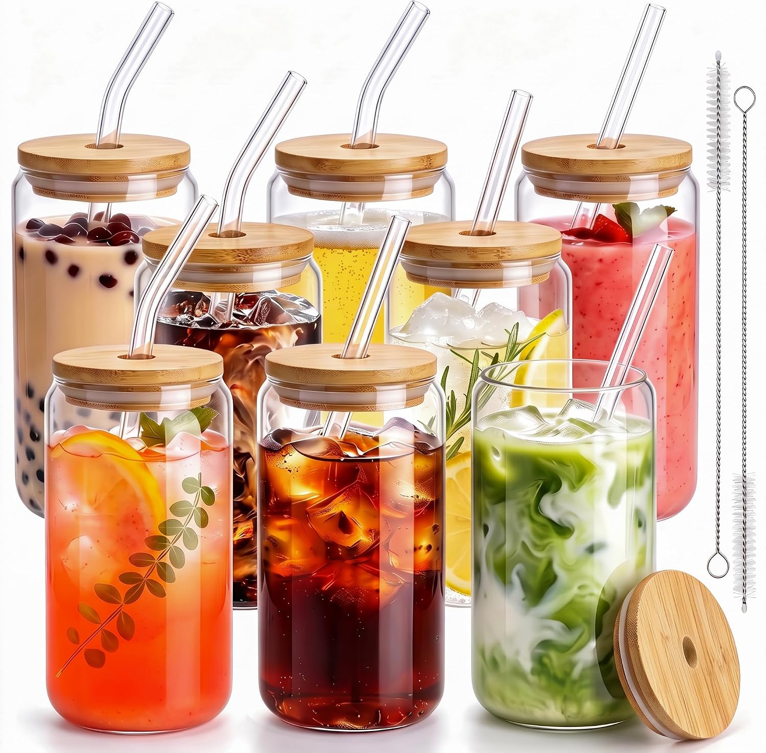 16 Oz Drinking Glasses - 8 Pcs Glass Cups with Bamboo Lids and Straws