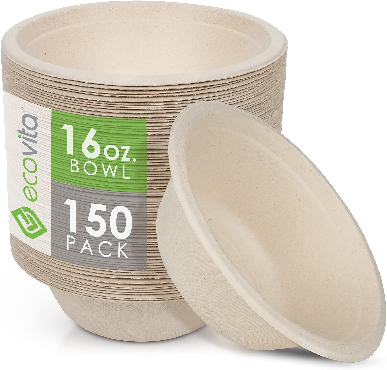 Ecovita 100% Compostable Paper Bowls [16 oz.] - 150 Disposable Bowls Eco Friendly Sturdy
